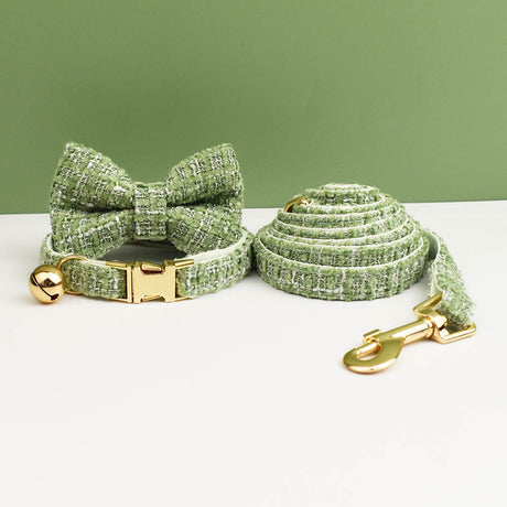 S Green 3 Piece Luxury Tweed Cat Collar and Leash Set with Removable Bow Tie & Bell Adjustable Neck Strap for Kittens Small Dogs Elegant Walking Gear