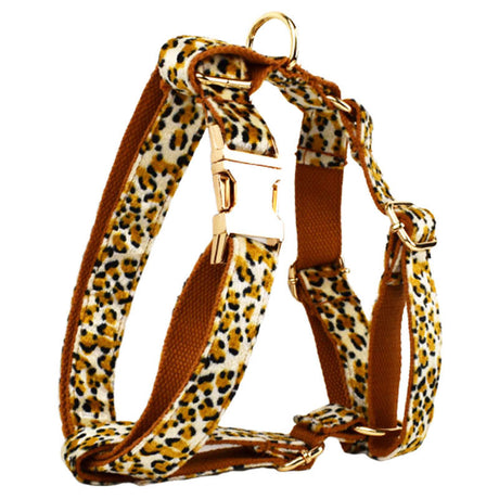 S Luxury 5 Piece Dog Harness and Collar Set Leopard Print with Leash Bow Tie & Waste Bag Holder Gold Metal Buckle Walking Gear