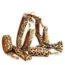 XL Luxury 5 Piece Dog Harness and Collar Set Leopard Print with Leash Bow Tie & Waste Bag Holder Gold Metal Buckle Walking Gear