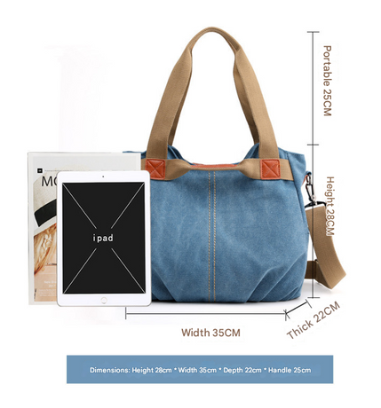 Black Women's Retro Canvas Tote Bag Large Capacity Shoulder Handbag Adjustable Crossbody Strap 35cm for Travel Work & Daily Use