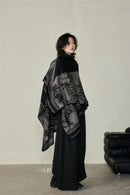 Faux Cashmere Shawl (Qingming Scroll Print) - Orange Blue, 160*135cm