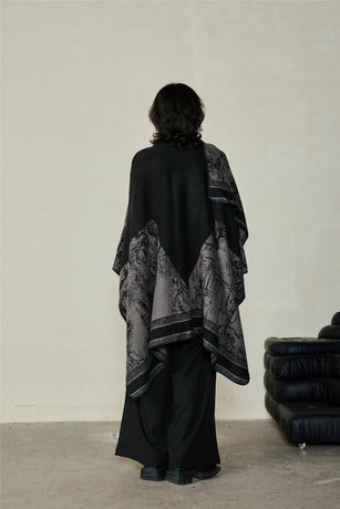 Faux Cashmere Shawl (Qingming Scroll Print) - Purple Cyan, 160*135cm