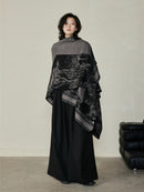 Faux Cashmere Shawl (Qingming Scroll Print) - Black Gray, 160*135cm
