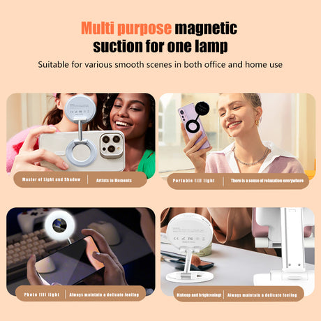 Black Magnetic Phone Light & Stand - Rechargeable, Tri-Color, Portable