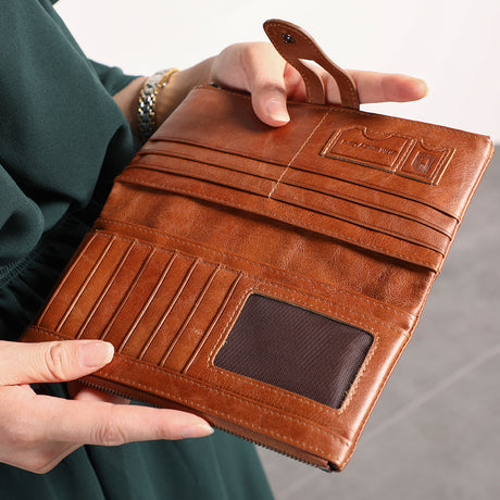 Green Premium Leather Long Wallet Clutch Organizer 19x10x3cm - 15 Card Slots