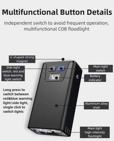 Black Magnetic Flashlight: Spotlight, COB Flood,  Red&Blue Warning