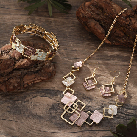 Geometric Inlay Earrings Necklace Bracelet Jewelry Set × 2 – Light Green & Brown