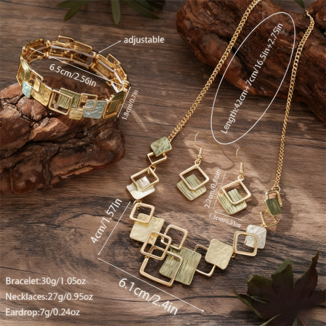 Geometric Inlay Earrings Necklace Bracelet Jewelry Set × 2 – Brown & Pink