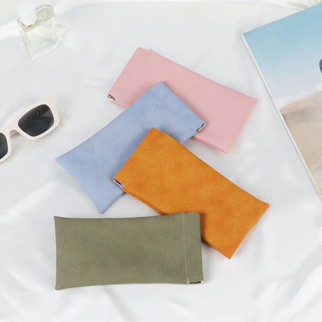 3-Pieces PU Orange Leather Glasses Pouch(18 * 8 CM) – Water Resistant, Soft Lining, Snap Closure, Universal Storage
