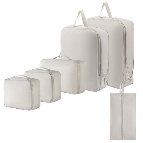 6-Piece Off-White Memory Fabric Travel Compression Packing Cubes Set - Waterproof, Anti-Wrinkle Luggage Organizer & Space Saver