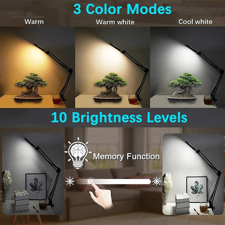 2-in-1 Black LED Magnifier Desk Lamp With Clip - Hands-Free, Dimmable 3-Color Light for Crafts & Workbench