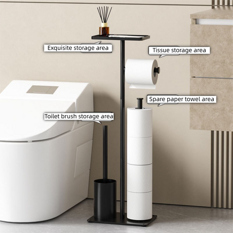 3-in-1 Freestanding Toilet Paper Holder - Thick Carbon Steel with Matte Black Finish, Storage Top, Paper Roll Holder, and Integrated Brush Holder
