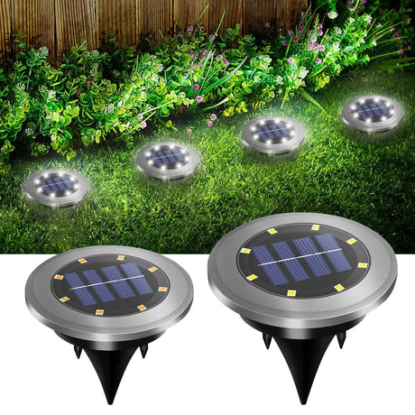 4-Pack Classic Large 8 LED Solar In-Ground Yellow Light Set (12  x 12  x 13 cm) - Stainless Steel Waterproof Garden Spike Lamps for Lawn & Pathway