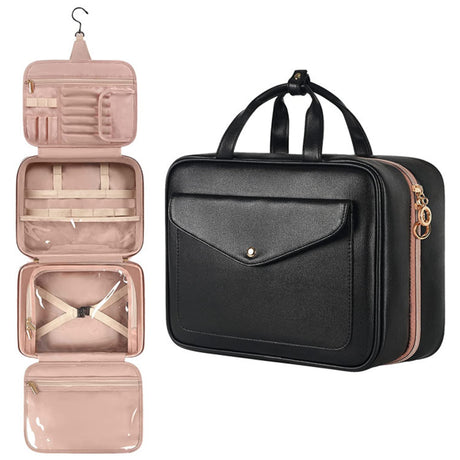 Black Portable Large Hanging Womens' Luxury PU Leather Cosmetic Bag -  Waterproof Travel Toiletry Organizer , Easy Visibility & Durable