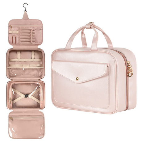 Pink Portable Large Hanging Womens' Luxury PU Leather Cosmetic Bag -  Waterproof Travel Toiletry Organizer , Easy Visibility & Durable