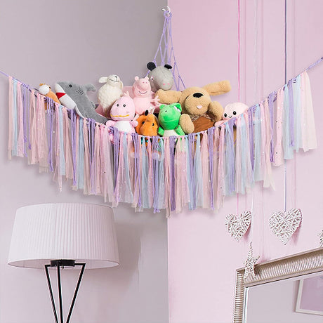 Purple Corner Plush Toy Organizer (100x100x150cm)  with Ribbon Accent & Installation Kit -  Handwoven Cotton Mesh Toy Storage Hammock