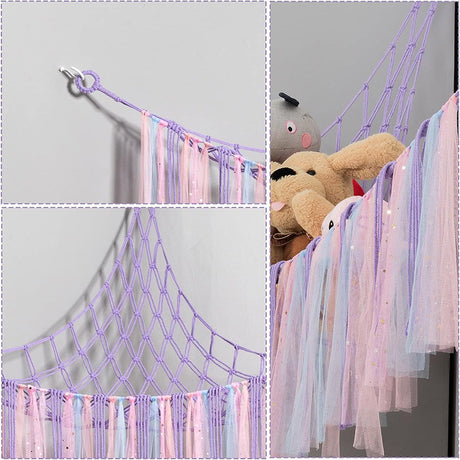 Pink Corner Plush Toy Organizer (100x100x150cm)  with Ribbon Accent & Installation Kit -  Handwoven Cotton Mesh Toy Storage Hammock
