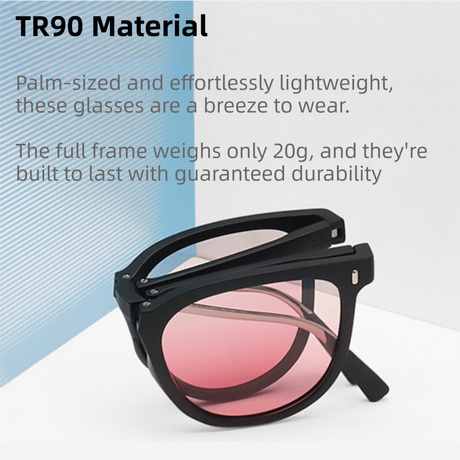 Ultra-Light Foldable TR Sunglasses for Women with Storage Bag - 15° Adjustable Temples & Premium Hinges, UV Protection (Black Frame/Pink Lenses)