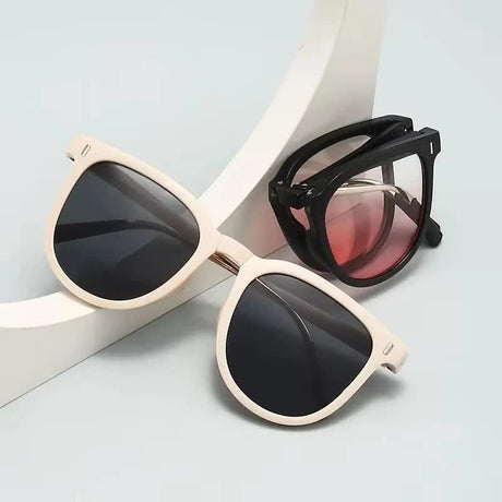 Ultra-Light Foldable TR Sunglasses for Women with Storage Bag - 15° Adjustable Temples & Premium Hinges, UV Protection (Black Frame/Pink Lenses)