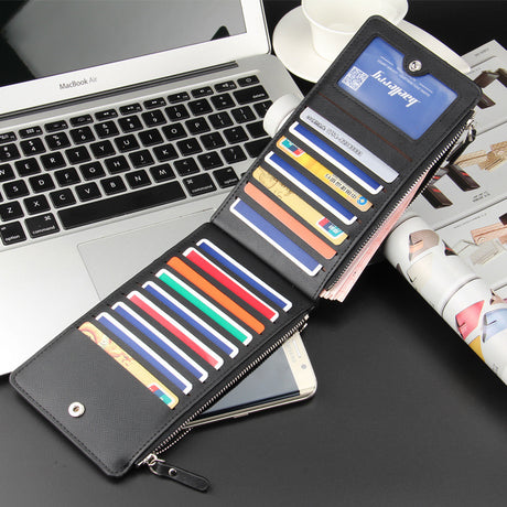 Brown Men's Slim Long Bi-Fold Wallet - Multi-Card Holder & Credit Card Organizer with Coin Pocket, Simple PU Leather Clutch