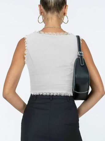2-Pack White French Vintage Lace Splice Camisole(S Size) - Slim Fit Halter Top with Back Detail and Button Placket