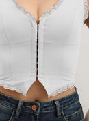 2-Pack White French Vintage Lace Splice Camisole(S Size) - Slim Fit Halter Top with Back Detail and Button Placket