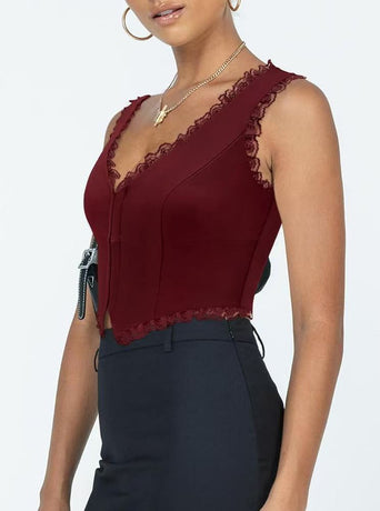2-Pack Red French Vintage Lace Splice Camisole(XL Size) - Slim Fit Halter Top with Back Detail and Button Placket