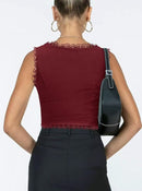 2-Pack Red French Vintage Lace Splice Camisole(2XL Size) - Slim Fit Halter Top with Back Detail and Button Placket
