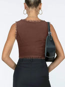 2-Pack Brown French Vintage Lace Splice Camisole(M Size) - Slim Fit Halter Top with Back Detail and Button Placket
