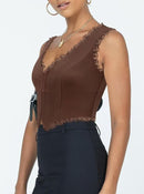 2-Pack Brown French Vintage Lace Splice Camisole(M Size) - Slim Fit Halter Top with Back Detail and Button Placket
