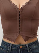 2-Pack Brown French Vintage Lace Splice Camisole(2XL Size) - Slim Fit Halter Top with Back Detail and Button Placket