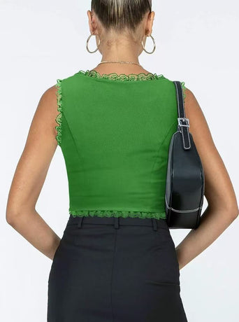 2-Pack Green French Vintage Lace Splice Camisole(S Size) - Slim Fit Halter Top with Back Detail and Button Placket