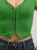 2-Pack Green French Vintage Lace Splice Camisole(2XL Size) - Slim Fit Halter Top with Back Detail and Button Placket