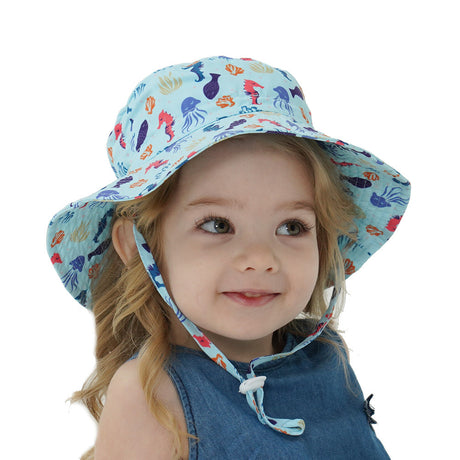 2-Pack Blue Seahorse Pattern Kids Sun Hat and Travel Beach Fisherman Cap(M Size for Head Circumference 52-54) - Breathable UV Protection Cap