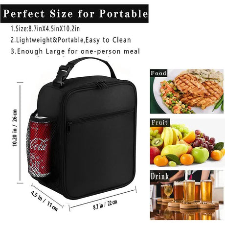 Black Portable Insulated Lunch Bag - Oxford Cloth Handheld Meal Prep Tote, Large-Capacity Square Upright Design for School Office
