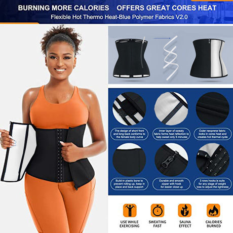 Silver Ion Sauna Waist Trainer for Women(Size 2XL) - 2-in-1 Zipper and Hook/Eye Sweat-Wicking Sports Girdle, Postpartum Fitness Shapewear