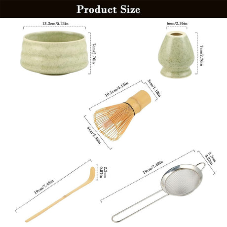 Matcha Color Ceremony 5-Piece Matcha Ceramic Tool Set - Gift Box with Whisk (Chasen), Whisk Holder (Chasen Kuse-Naoshi), Bowl, Sieve, and Scoop