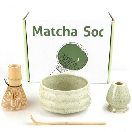 Matcha Color Ceremony 4-Piece Matcha Ceramic Tool Set - Gift Box with Whisk (Chasen), Whisk Holder (Chasen Kuse-Naoshi), Bowl, and Scoop