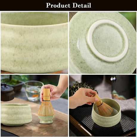 White Ceremony 4-Piece Matcha Ceramic Tool Set - Gift Box with Whisk (Chasen), Whisk Holder (Chasen Kuse-Naoshi), Bowl, and Scoop
