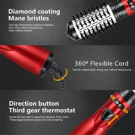 2-in-1 Red Automatic Rotating Hot Air Styler(38/50mm Curling Barrel) - Multifunctional Hair Dryer Brush, Straightener & Curler with 3 Heat Settings and 360° Bi-directional Rotation