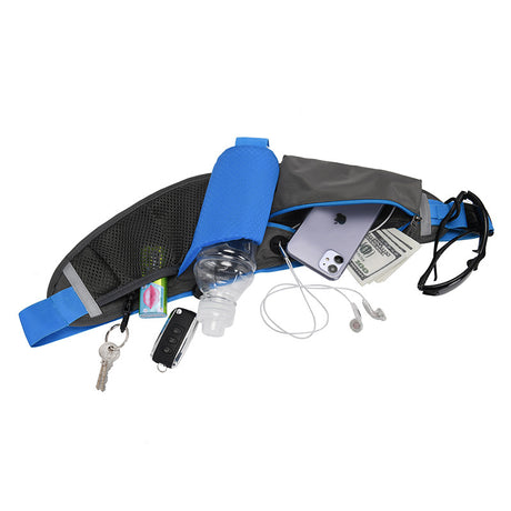 Blue Adjustable Large Capacity Outdoor Sports Running Waist Pack(Waistline 70-160CM) - Multifunctional Marathon Pouch With Water Bottle Holder & Headphone Exit