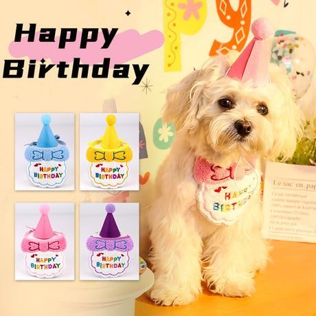 4-Pack Adorable Pet Dog Cat Birthday Party Hat & Bib Set(Pink & Light Blue) - Embroidered Bandana Bib & Felt Party Hat, Adjustable Tie-On Dress-Up Accessories