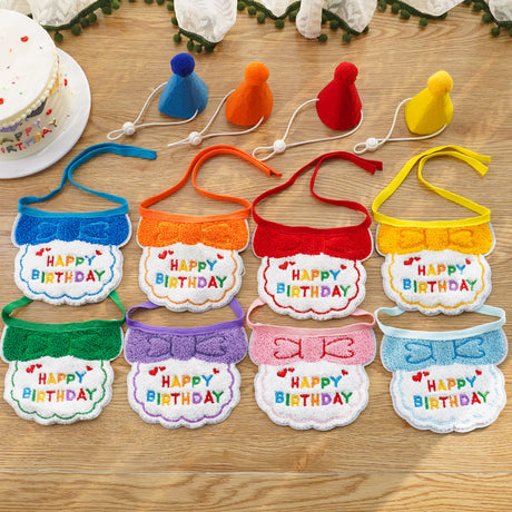 4-Pack Adorable Pet Dog Cat Birthday Party Hat & Bib Set(Purple & Dark-Blue) - Embroidered Bandana Bib & Felt Party Hat, Adjustable Tie-On Dress-Up Accessories