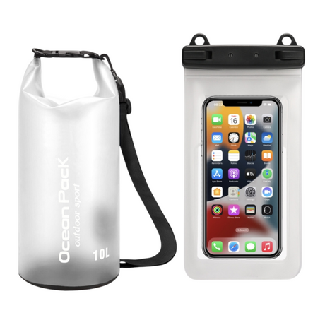 White 10L PVC Waterproof Swimming Bag Bonus with Waterproof Phone Pouch - Roll-Top Floating Dry Gear Bags for Beach, Kayaking & Outdoor Sports