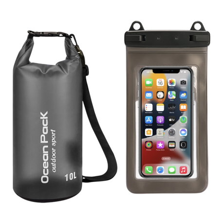 Black 10L PVC Waterproof Swimming Bag Bonus with Waterproof Phone Pouch - Roll-Top Floating Dry Gear Bags for Beach, Kayaking & Outdoor Sports