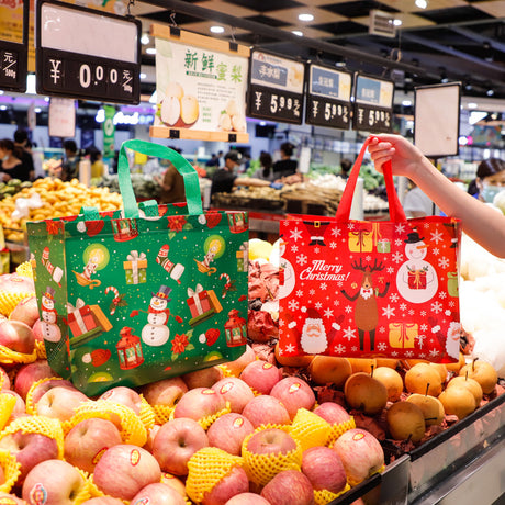 8-Pack Christmas Red Tote Bags(32 x 25 x 17 CM) with Film Coating - Non-Woven Holiday Reusable Gift Carrier Bags