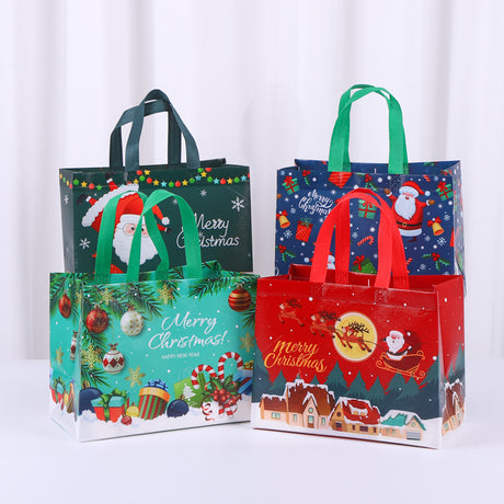 8-Pack New Christmas Red Non-Woven Tote Bags(32 x 25 x 17 CM) - Santa Sleigh & Forest Design, Holiday Reusable Gift Carrier Bags
