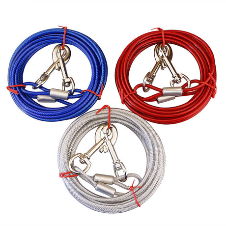 Blue Heavy-Duty Steel Wire Dual-Head Dog Tie-Out Cable Leash(5mm x 5m - 16ft) - with Dual Swivel Hooks for Tethers and Double Dog Walking