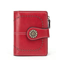 Red Korean Style Cutout Compact PU Leather Wallet - Women's Mini Bifold Purses with 8 Card Slots, 2 ID Window & Coin Zip Pocket