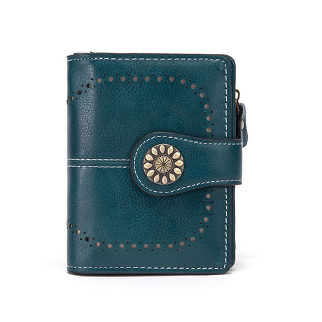 Dark Blue Korean Style Cutout Compact PU Leather Wallet - Women's Mini Bifold Purses with 8 Card Slots, 2 ID Window & Coin Zip Pocket